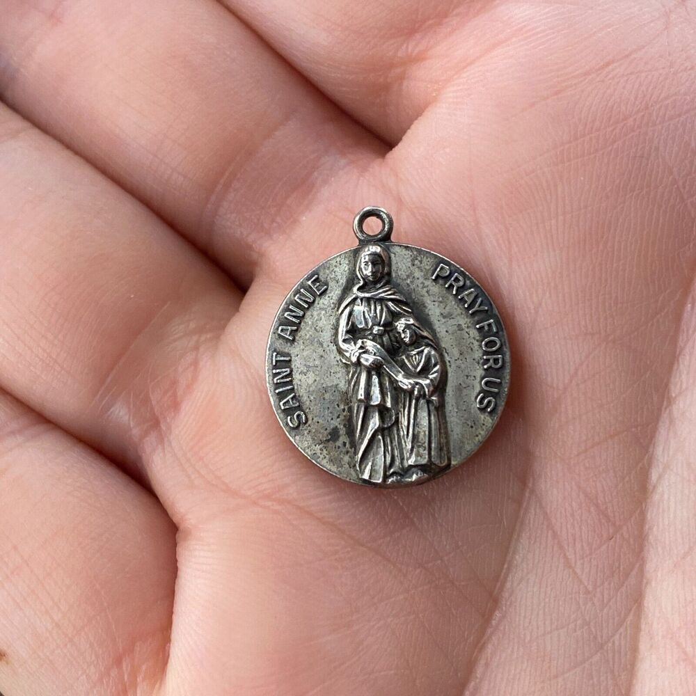 Vintage 925 Sterling Silver "Saint Anne Pray For Us" Pendant Bracelet Charm